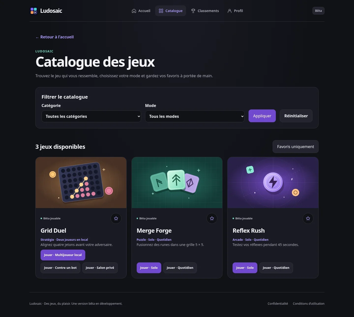 Catalogue Ludosaic présentant Grid Duel, Merge Forge et Reflex Rush, avec les filtres de catégorie et de mode.