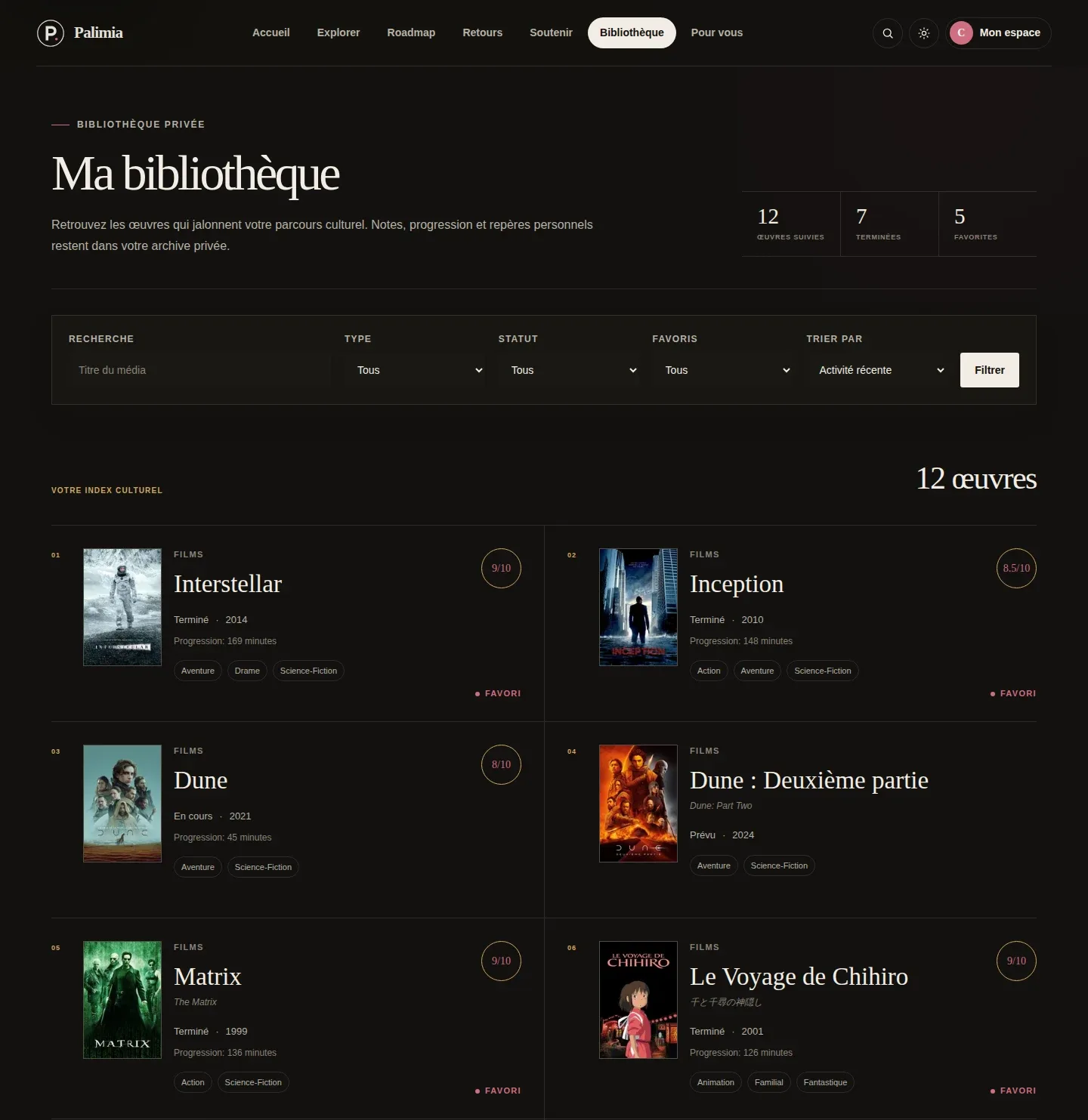 Bibliothèque Palimia en mode sombre, avec des films de démonstration et leurs affiches.
